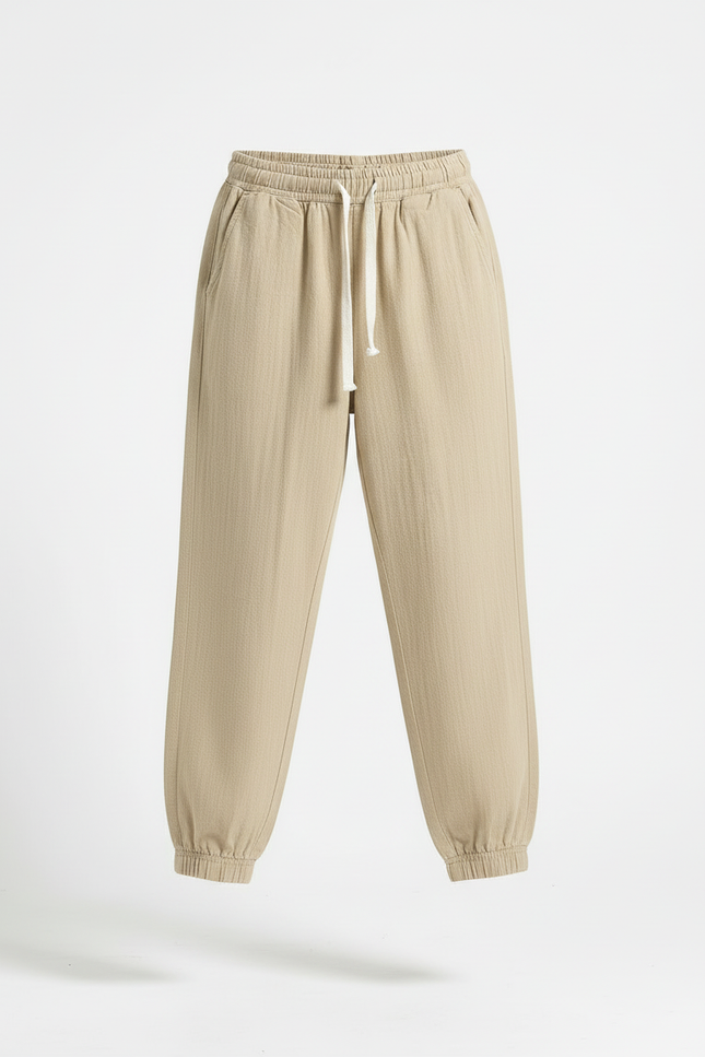 Pantalon Beige Coton Ample Cordon Décontracté - vue 3