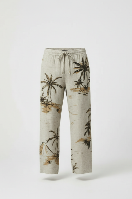 Pantalon Beige Ample Cordon Imprimé Palmier Homme - Lin - vue 3