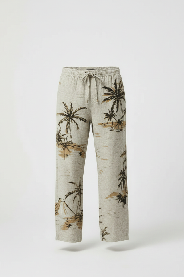 Pantalon Beige Ample Cordon Imprimé Palmier Homme - Lin - vue 3