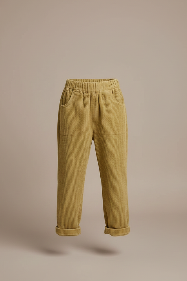 Pantalon Beige Côtelé Ample Décontracté Enfant Rétro - Kaki Cordé - vue 3