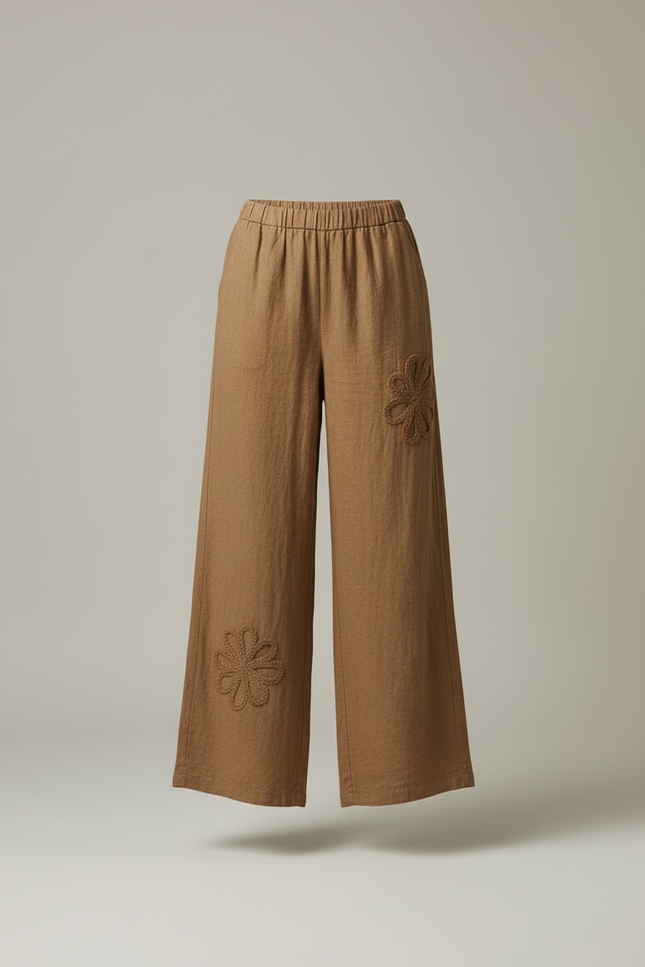 Pantalon Beige Fluide Lin Brodé Floral Ample - Marron - vue 3