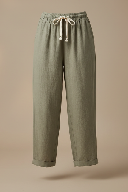 Pantalon Beige Coton Lin Ample Cordon Décontracté - Kaki - vue 3