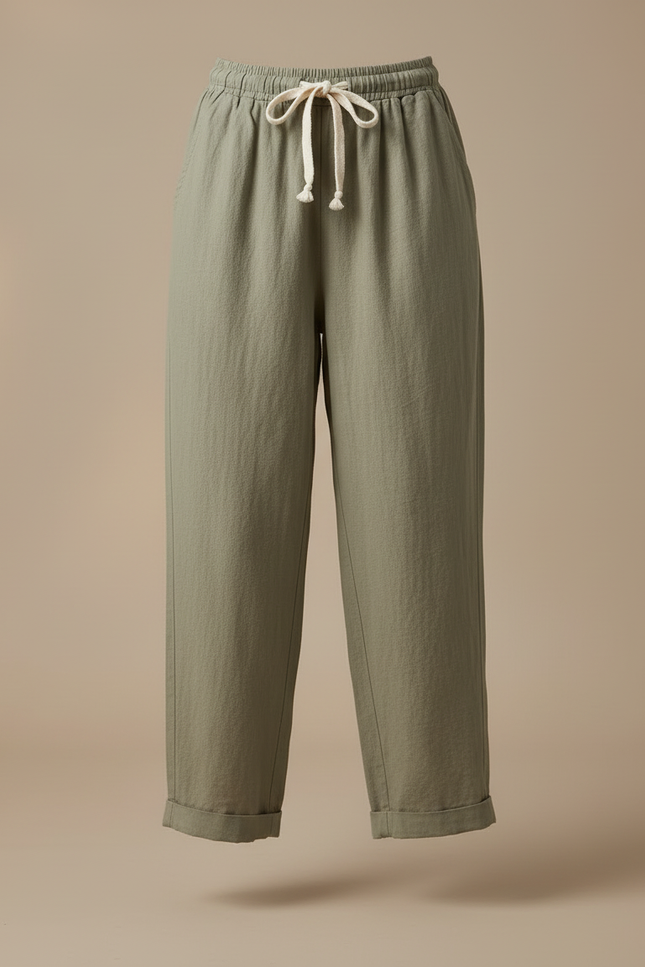 Pantalon Beige Coton Lin Ample Cordon Décontracté - Kaki - vue 3