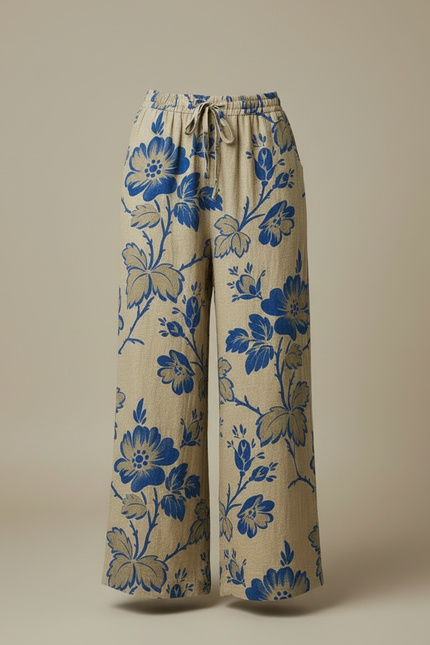Pantalon Beige Fluide Ample Fleuri Décontracté - Lin - vue 3