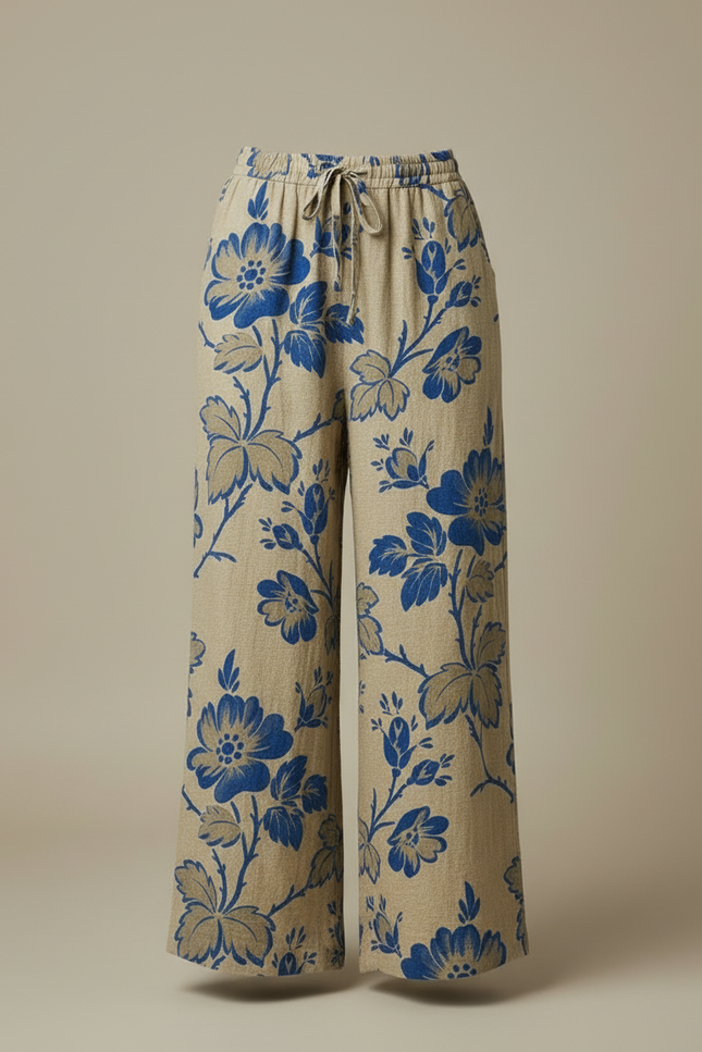 Pantalon Beige Fluide Ample Fleuri Décontracté - Lin - vue 3