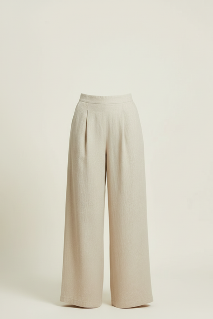 Pantalon Beige Ample Lin Taille Haute Plissé - vue 3