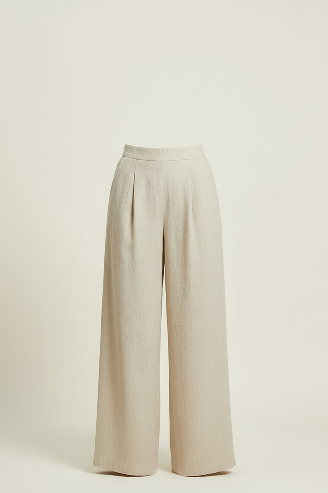 Pantalon Beige Ample Lin Taille Haute Plissé - vue 3