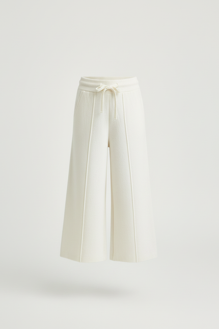 Pantalon Beige Ample Tricoté Évasé Cordon Fille - Blanc Maille - vue 3