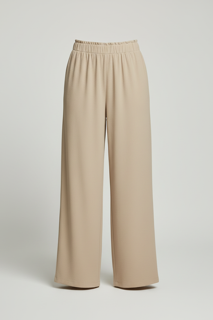 Pantalon Beige Fluide Ample Taille Haute Cordon Décontracté - Polyester - vue 3
