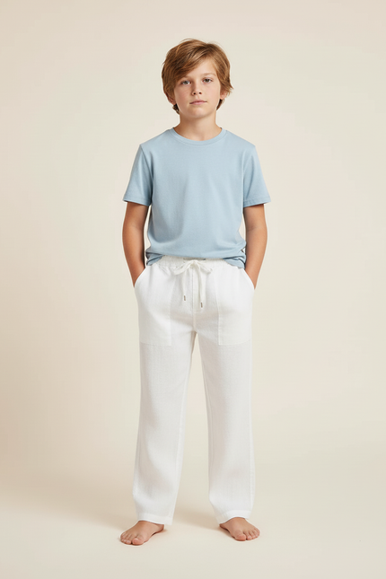 Pantalon Beige Lin Ample Cordon Décontracté Enfant - Blanc - vue 3