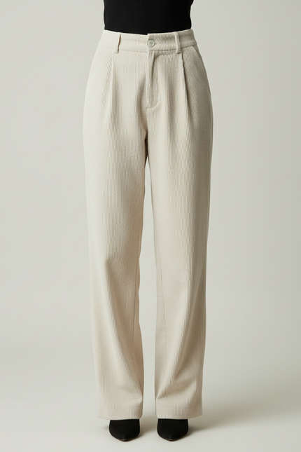 Pantalon Beige Côtelé Droit Taille Haute Décontracté - Cordé - vue 3