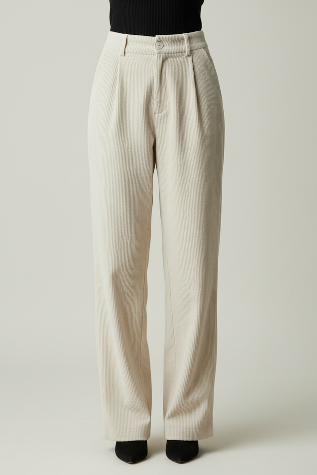 Pantalon Beige Côtelé Droit Taille Haute Décontracté - Cordé - vue 3