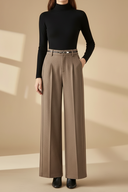Pantalon Beige Plissé Large Élégant Femme Hiver - Laine - vue 3