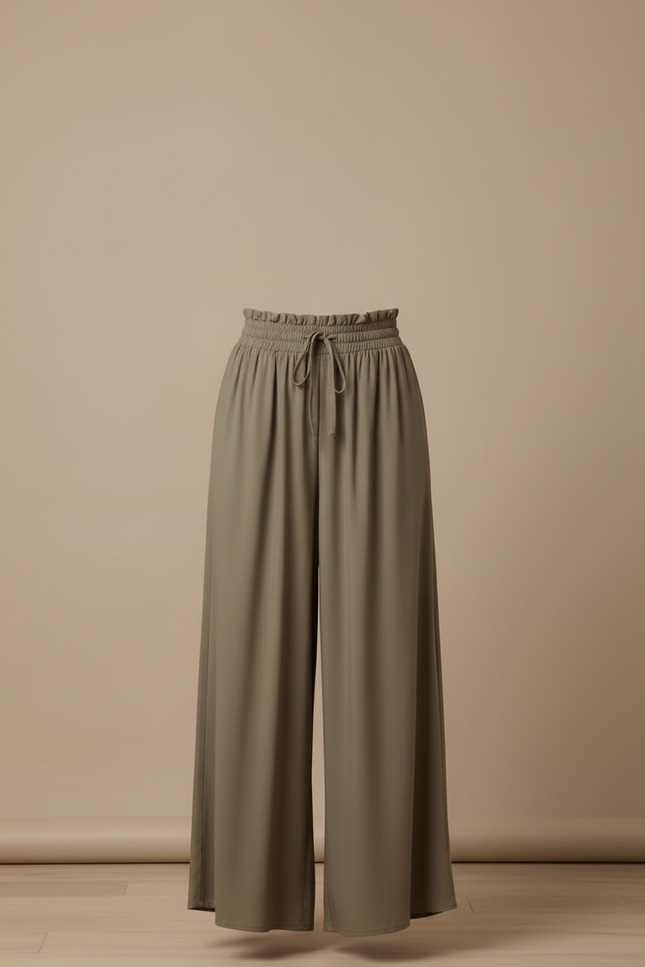 Pantalon Beige Fluide Ample Taille Haute Casual - Kaki Viscose - vue 3