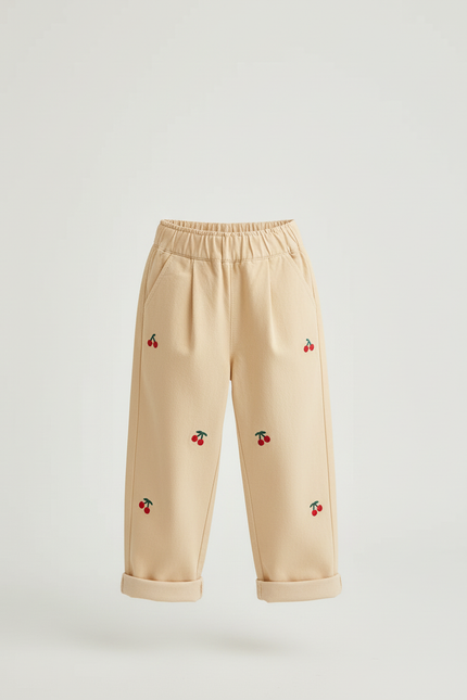 Pantalon Beige Ample Coton Brodé Cerises Enfant - Molleton - vue 3