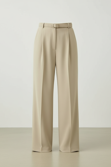 Pantalon Beige Large Plissé Chic Taille Haute Femme - Gabardine - vue 3