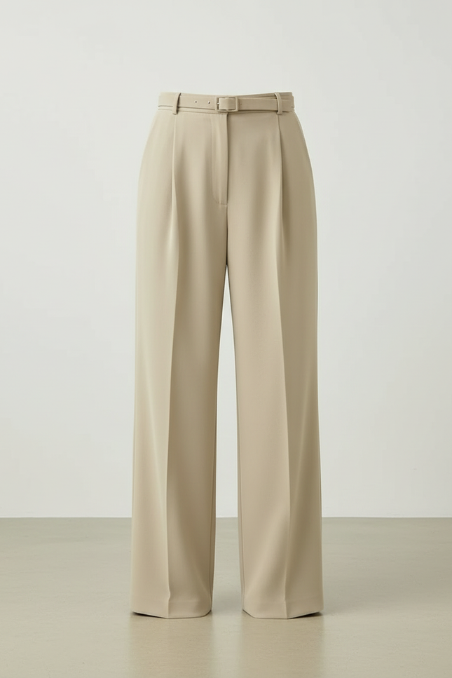 Pantalon Beige Large Plissé Chic Taille Haute Femme - Gabardine - vue 3
