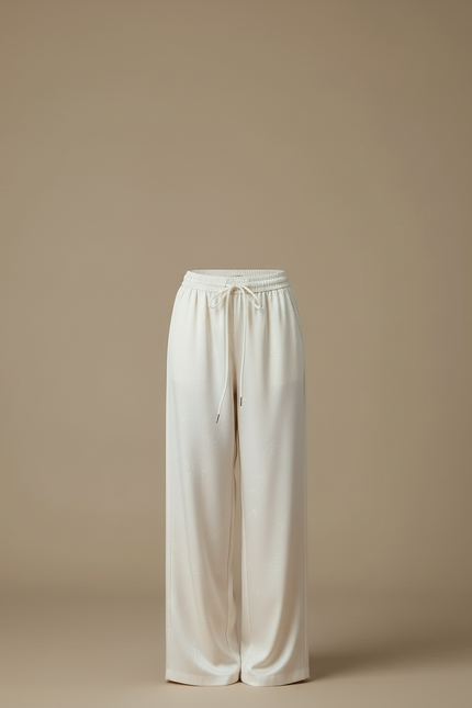 Pantalon Beige Fluide Ample Jacquard Soie Élégant - vue 3