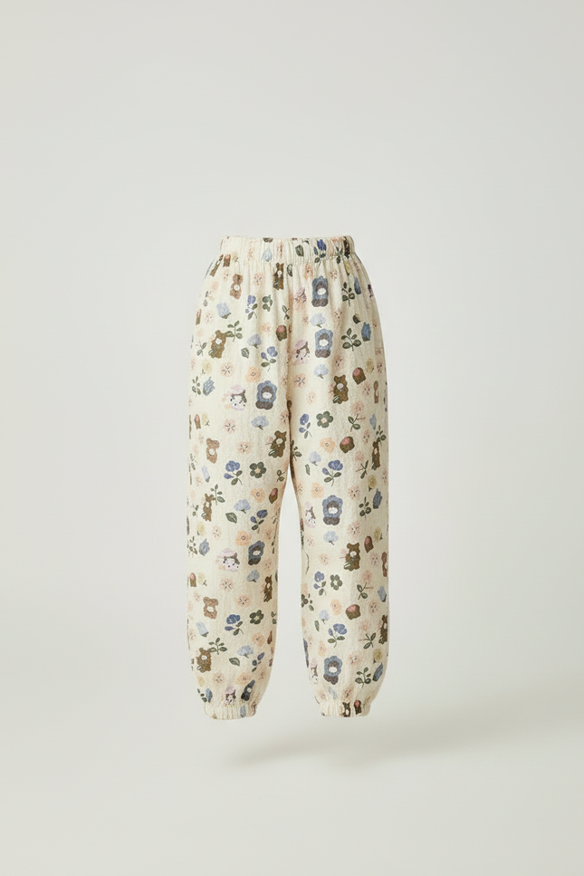 Pantalon Beige Fluide Ample Motif Ours Fleuri Léger - Lin - vue 3