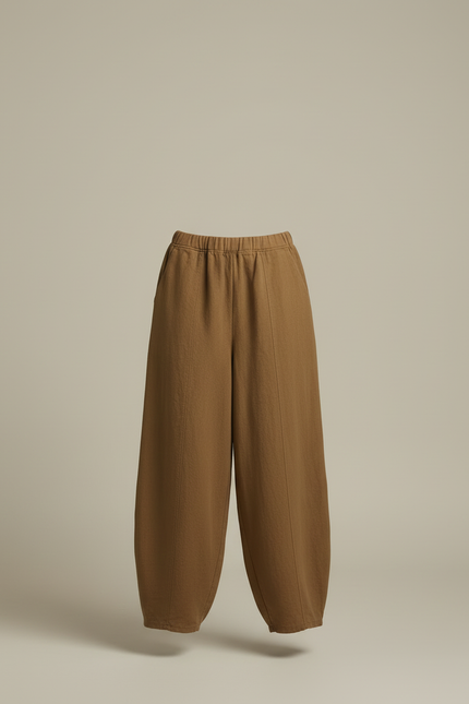 Pantalon Beige Ample Lin Coton Vintage Élastique Femme - Kaki - vue 3