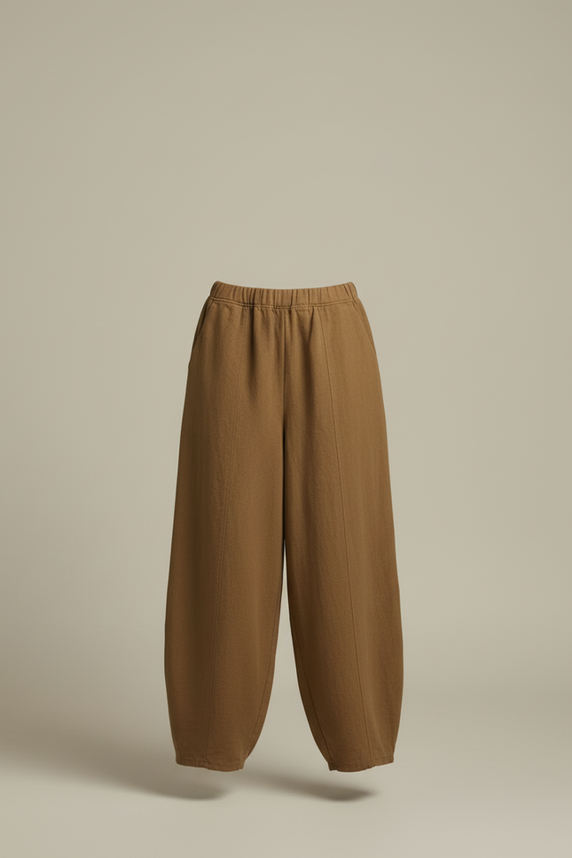 Pantalon Beige Ample Lin Coton Vintage Élastique Femme - Kaki - vue 3