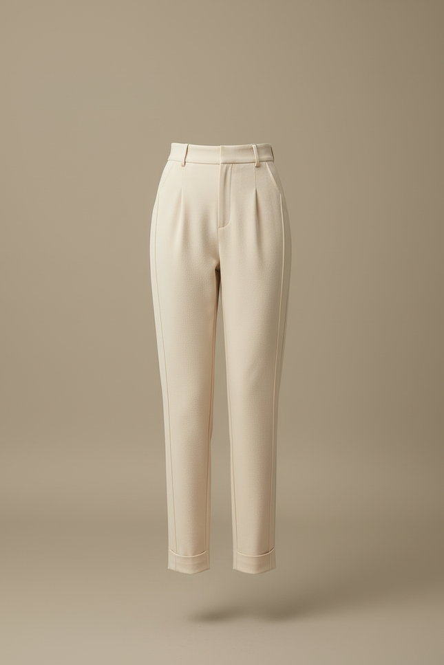 Pantalon Beige Taille Haute Plissé Décontracté Élégant - Gabardine - vue 3