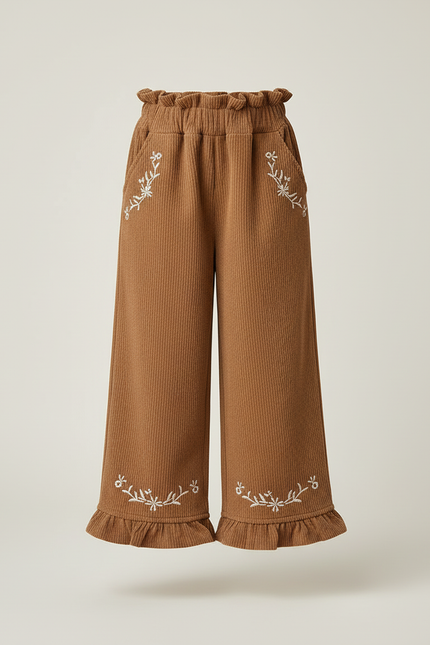 Pantalon Beige Côtelé Brodé Ample Fille Coréen - Marron Cordé - vue 3