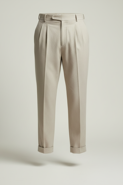 Pantalon Beige Plissé Homme Droit Élégant Côtelé - Laine - vue 3