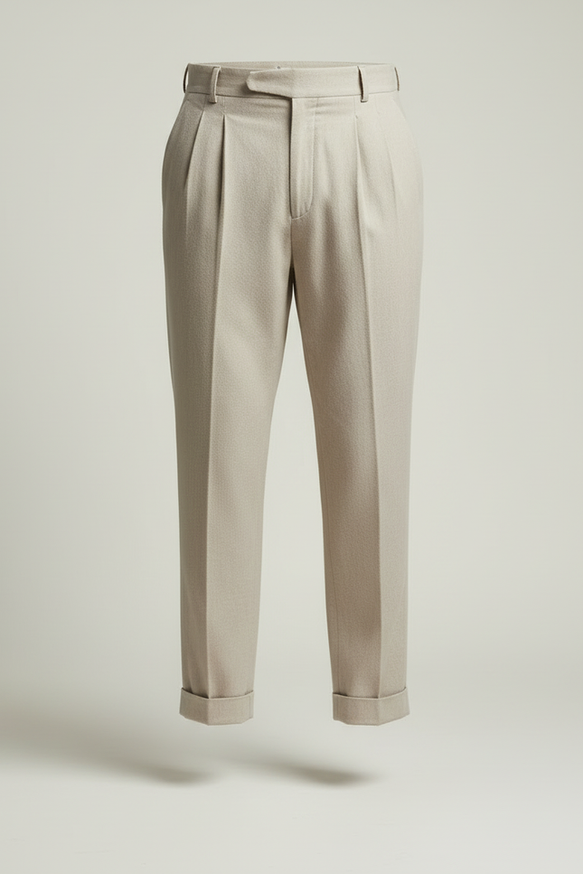 Pantalon Beige Plissé Homme Droit Élégant Côtelé - Laine - vue 3