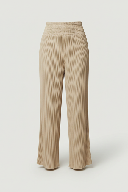 Pantalon Beige Plissé Fluide Ample Taille Haute - Maille - vue 3