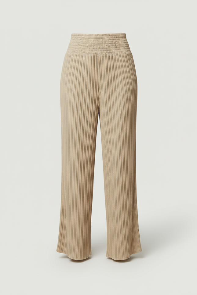 Pantalon Beige Plissé Fluide Ample Taille Haute - Maille - vue 3