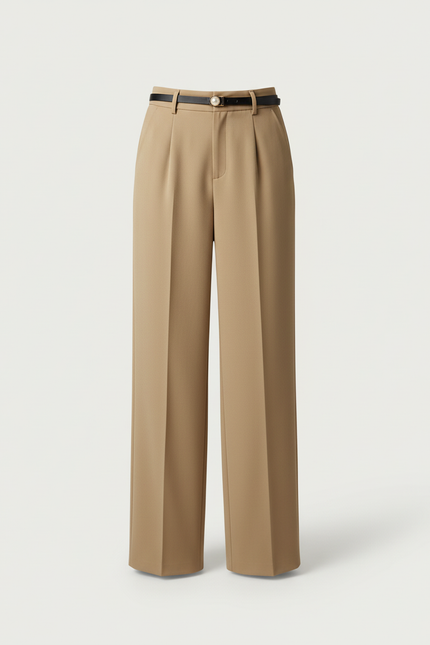 Pantalon Beige Fluide Ample Taille Haute Élégant Femme - Polyester - vue 3