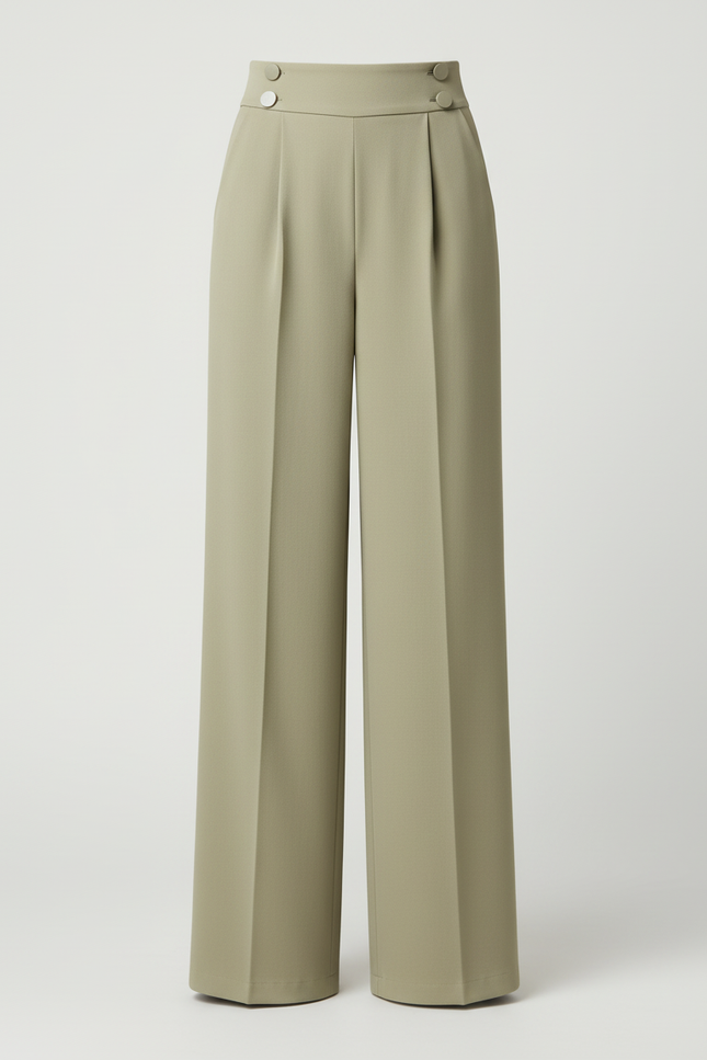 Pantalon Beige Fluide Taille Haute Large Plissé Élégant - Kaki Polyester - vue 3