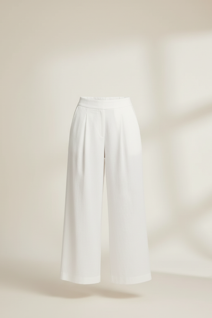 Pantalon Beige Ample Plissé Fluide Élégant Femme - Blanc Lin - vue 3