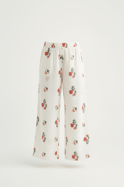 Pantalon Beige Imprimé Floral Ample Fille Coton - Blanc - vue 3