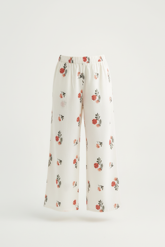 Pantalon Beige Imprimé Floral Ample Fille Coton - Blanc - vue 3