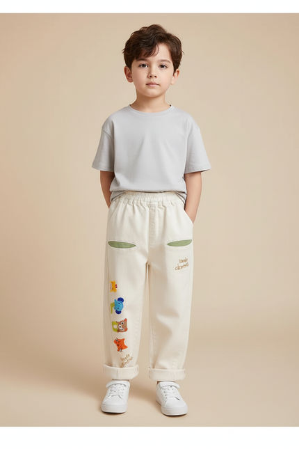 Pantalon Beige Décontracté Brodé Ample Enfant Mignon - Toile - vue 3