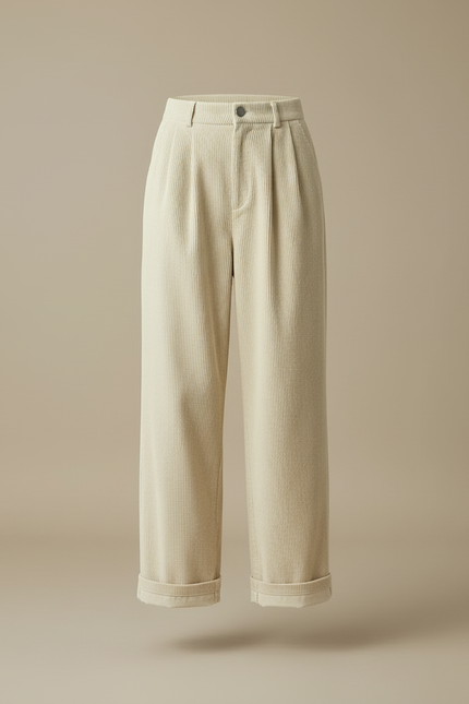 Pantalon Beige Côtelé Ample Plissé Taille Haute - Cordé - vue 3