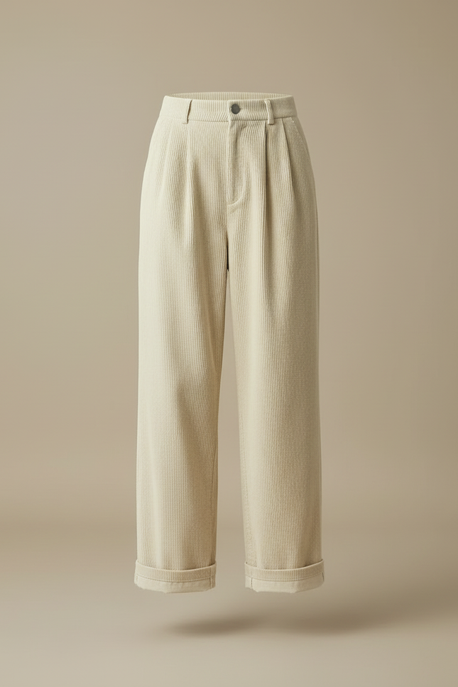 Pantalon Beige Côtelé Ample Plissé Taille Haute - Cordé - vue 3