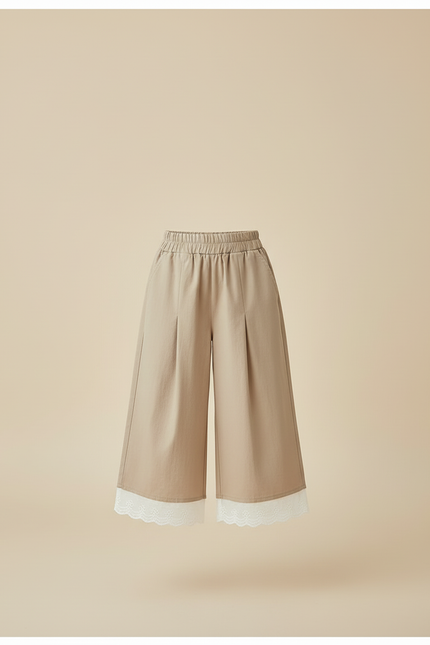 Pantalon Beige Fille Ample Plissé Dentelle Décontracté - Gabardine - vue 3