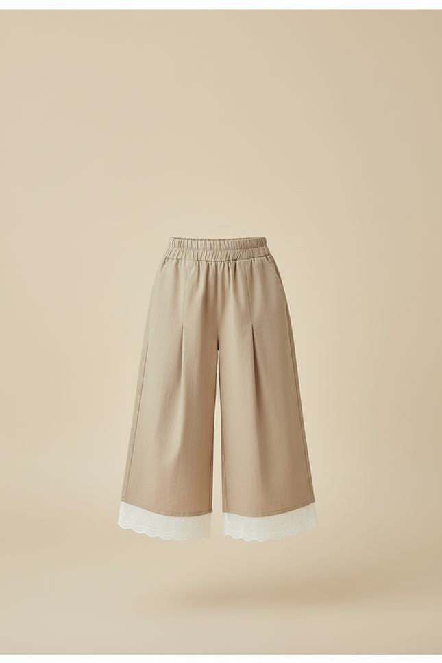 Pantalon Beige Fille Ample Plissé Dentelle Décontracté - Gabardine - vue 3