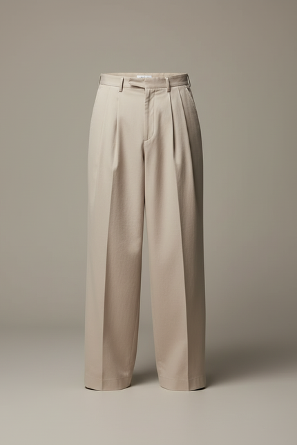 Pantalon Beige Ample Plissé Décontracté Homme Coton - vue 3