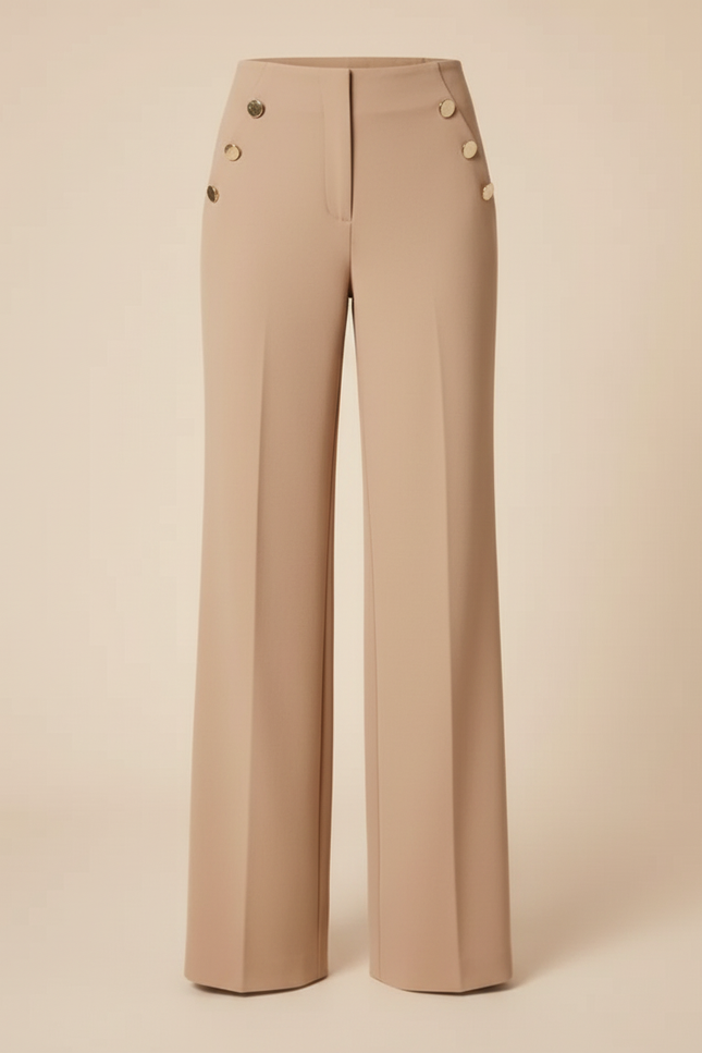 Pantalon Beige Taille Haute Boutons Dorés Élégant Large - Polyester - vue 3