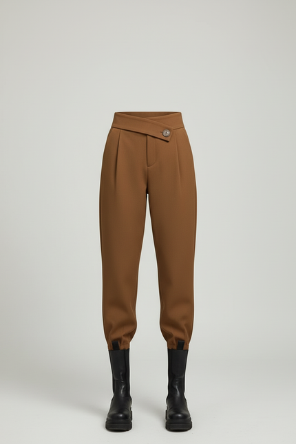 Pantalon Beige Ample Taille Haute Décontracté Élégant - Camel Gabardine - vue 3