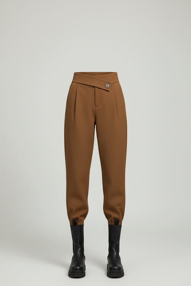 Pantalon Beige Ample Taille Haute Décontracté Élégant - Camel Gabardine - vue 3