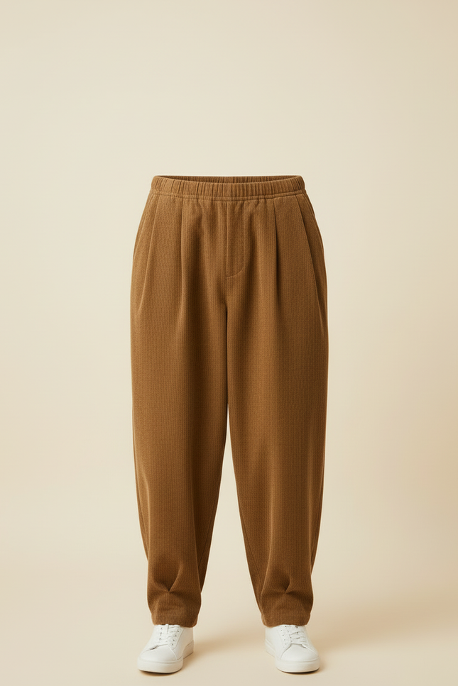 Pantalon Beige Côtelé Plissé Ample Décontracté Homme - Marron Cordé - vue 3