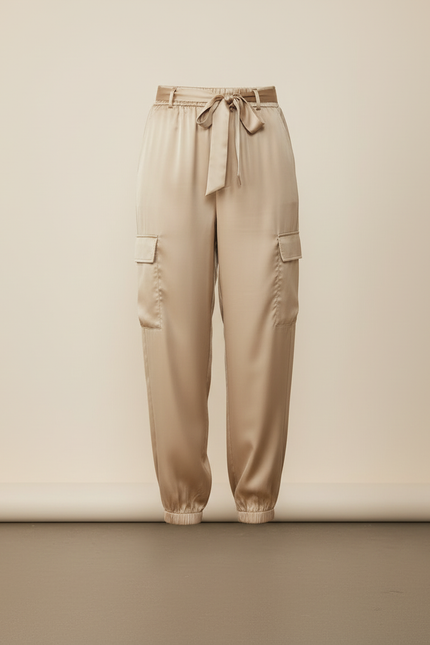 Pantalon Beige Satin Cargo Fluide Élastiqué - vue 3