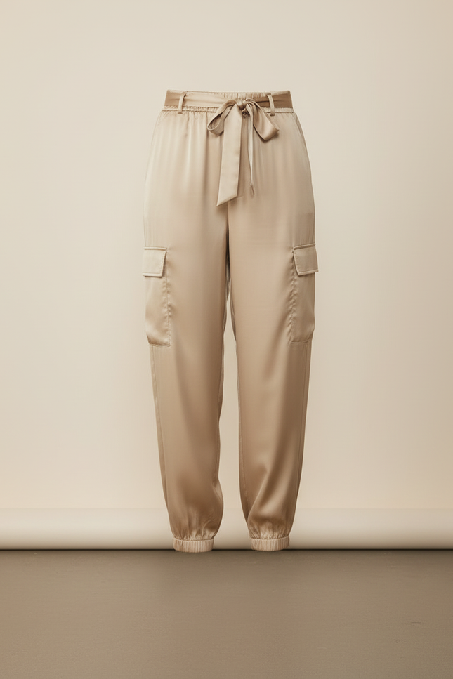 Pantalon Beige Satin Cargo Fluide Élastiqué - vue 3