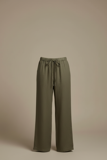 Pantalon Beige Lin Ample Taille Haute Droit - Kaki - vue 3