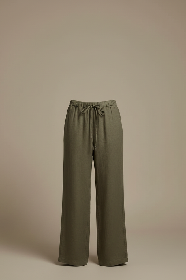 Pantalon Beige Lin Ample Taille Haute Droit - Kaki - vue 3